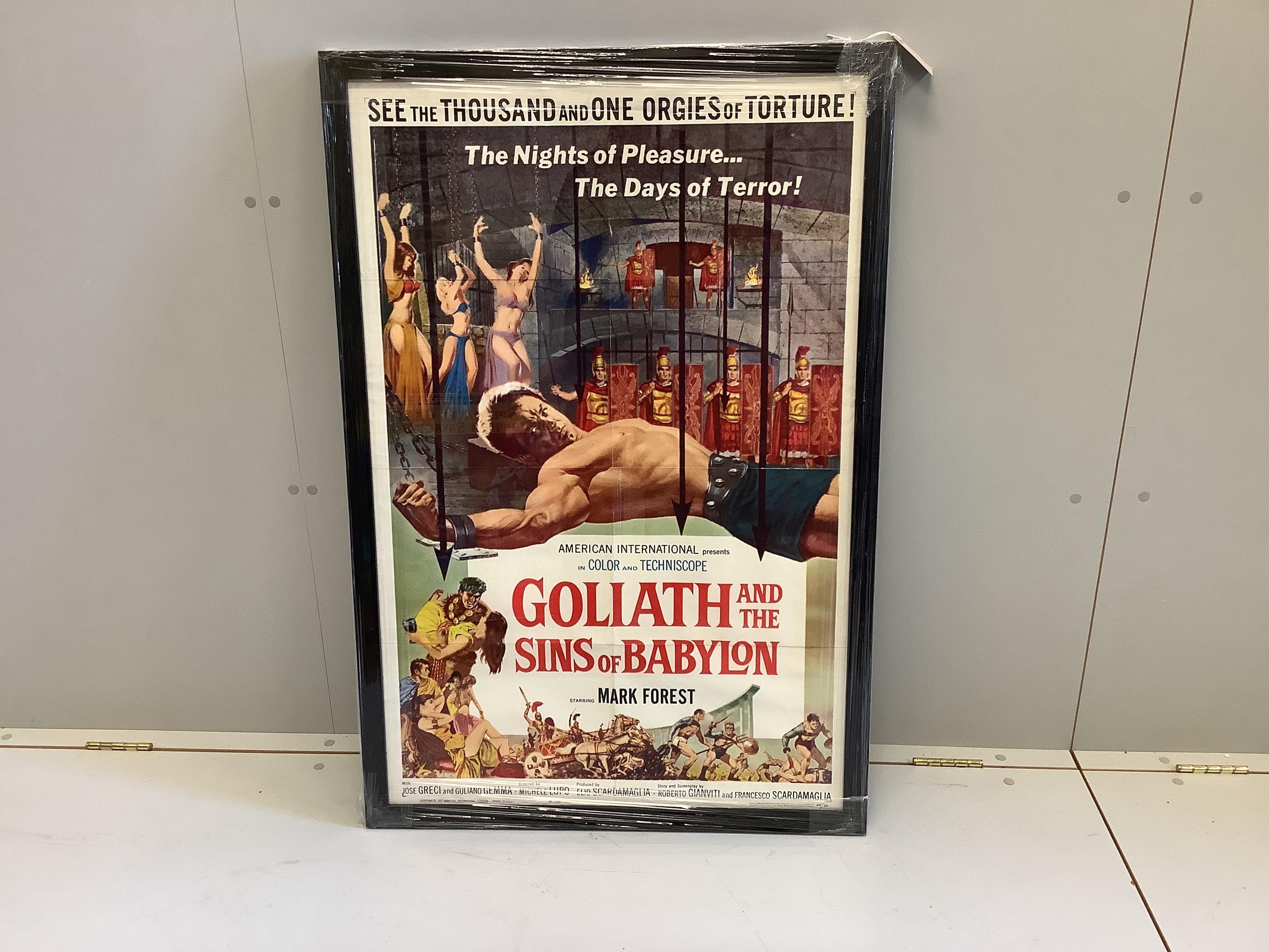 A vintage framed cinema film poster 'Goliath and the Sins of Babylon', width 74cm, height 110cm